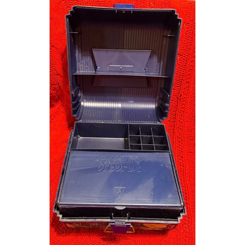 Vintage Sassaby Makeup Organizer Box Floral Navy Blue 90s Vanity Case Mirror